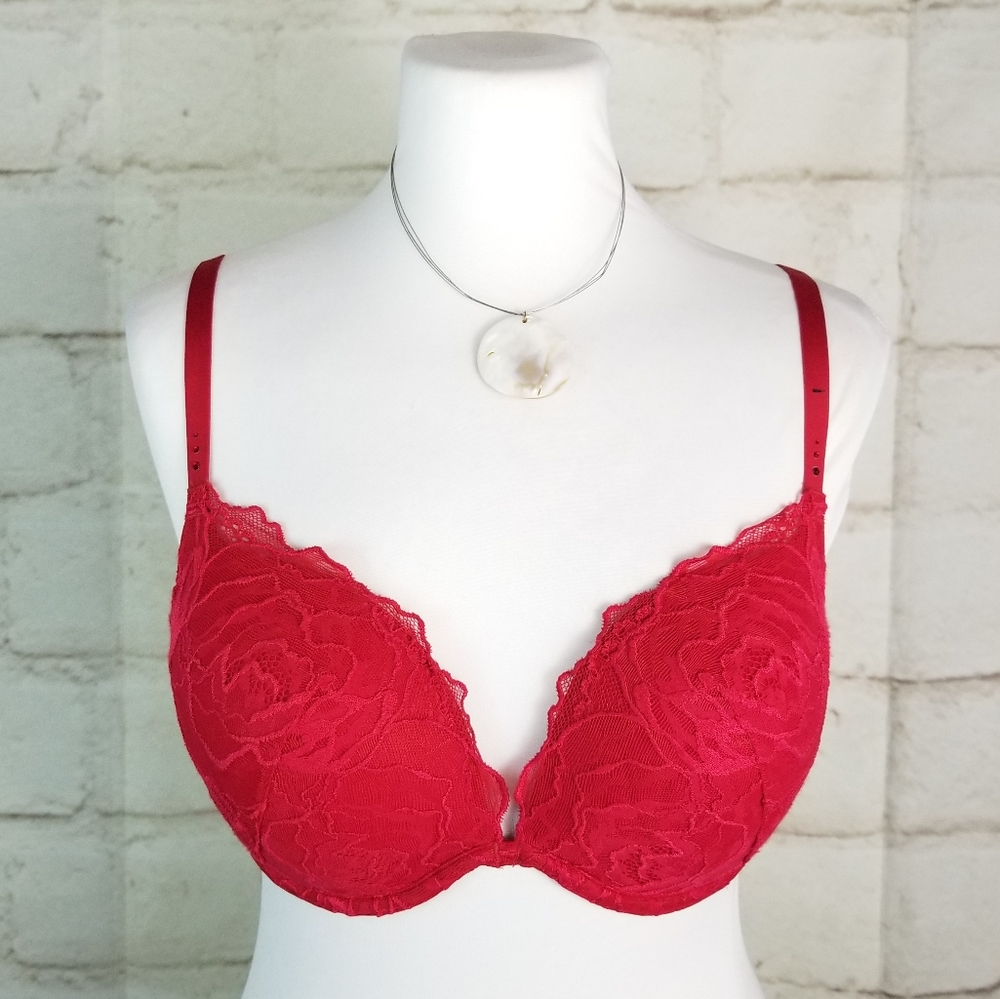 La Senza 36C Red Lace Overlay Push-Up Bra Thick Foam Padded Cups Underwire